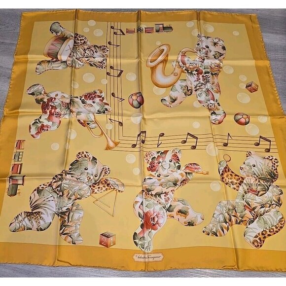 Salvatore Ferragamo Floral LEOPARD Teddy Bear MusicalTrain Square Silk Scarf